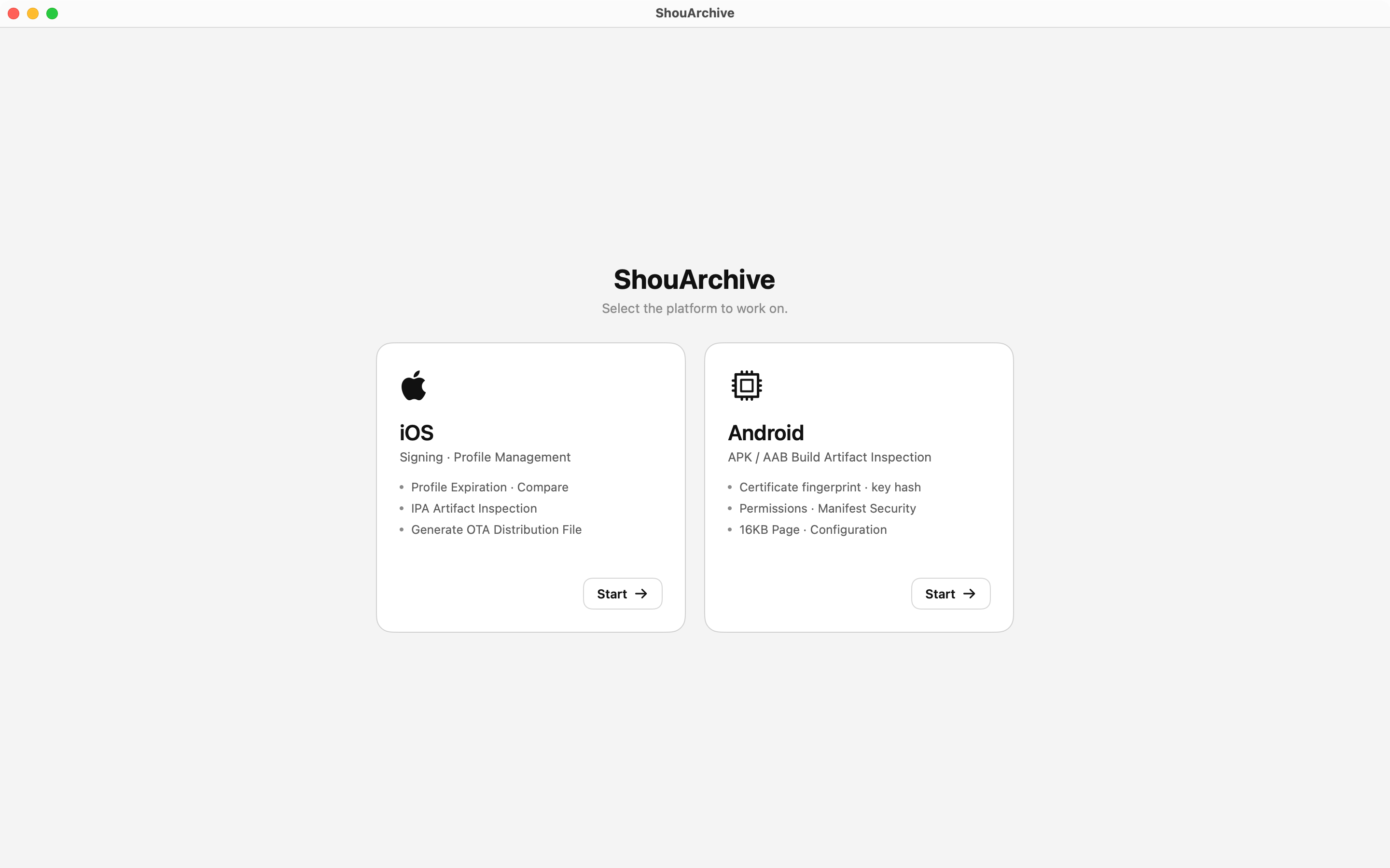 Platform picker with iOS and Android cards