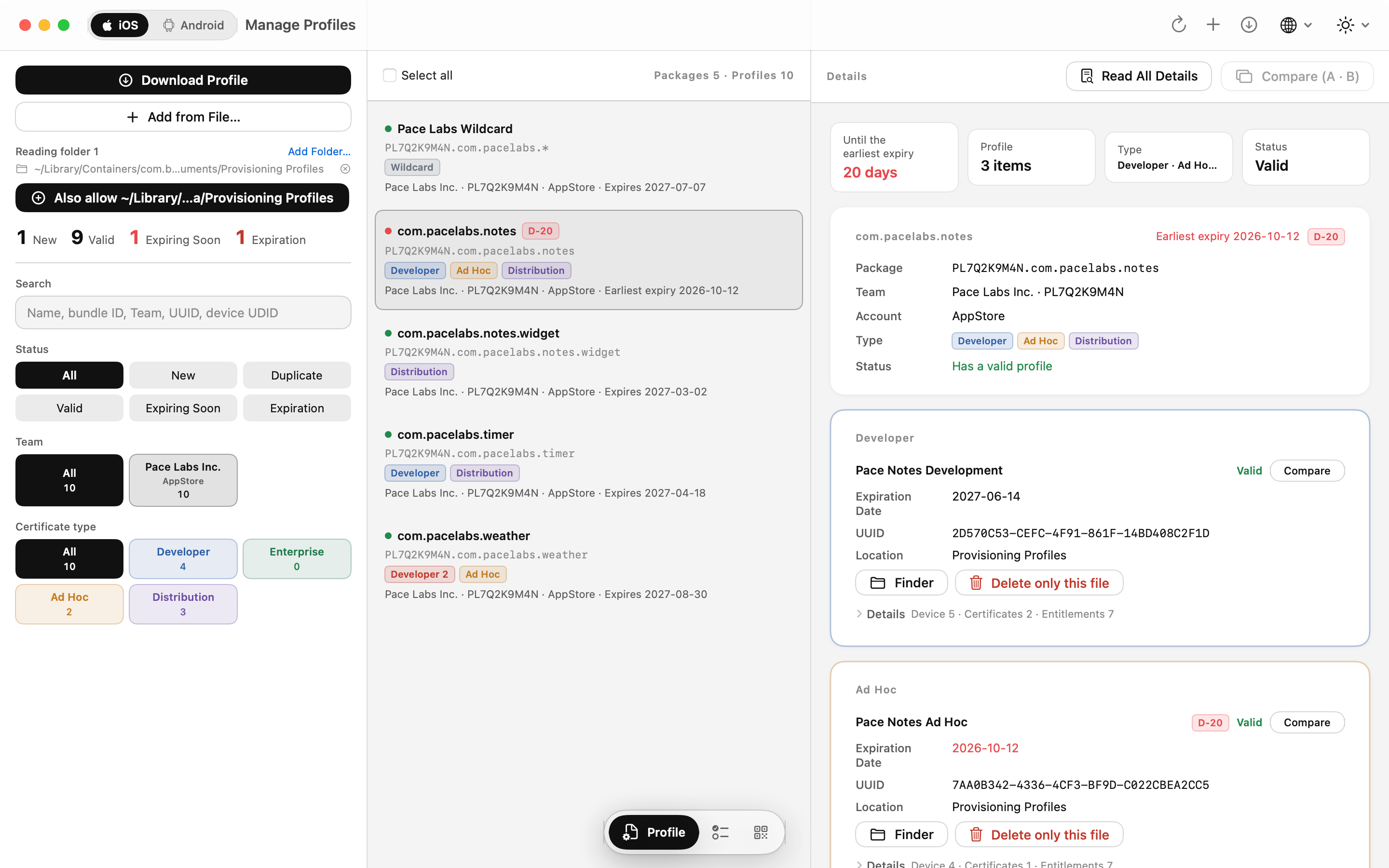 Profile list with expiry badges and status filters