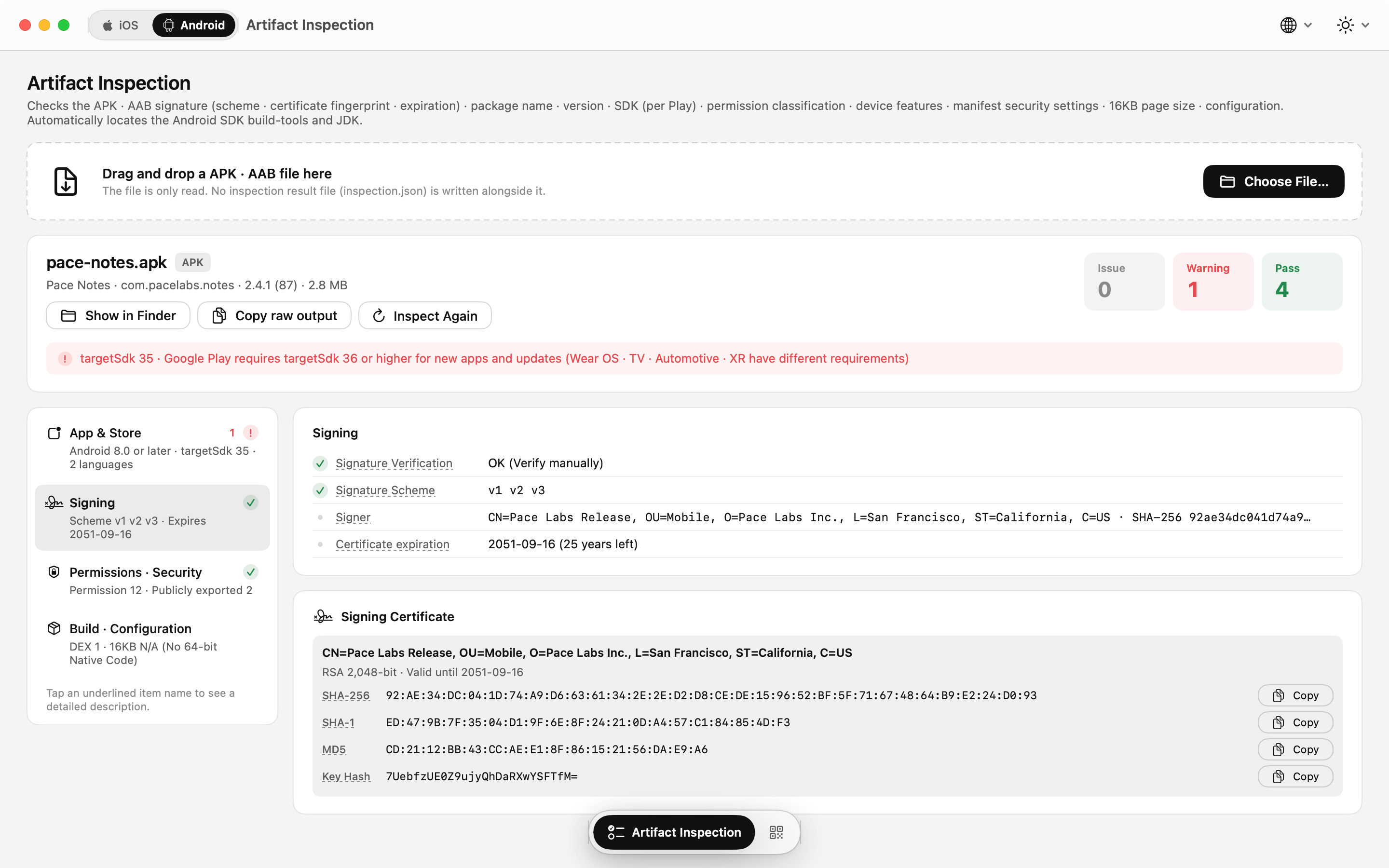 APK and AAB inspection: signature scheme, certificate fingerprints and key hashes