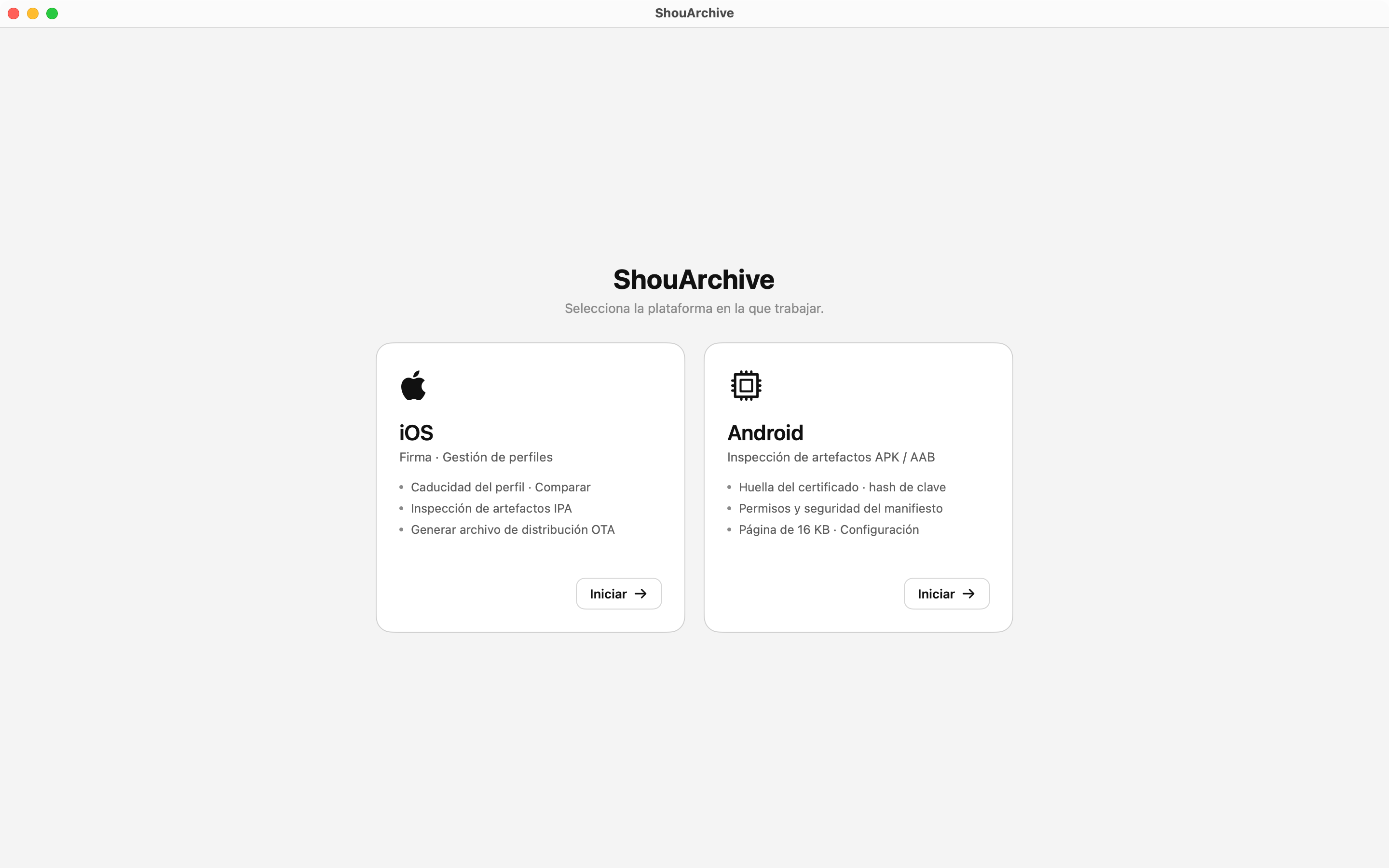 Selector de plataforma con tarjetas de iOS y Android
