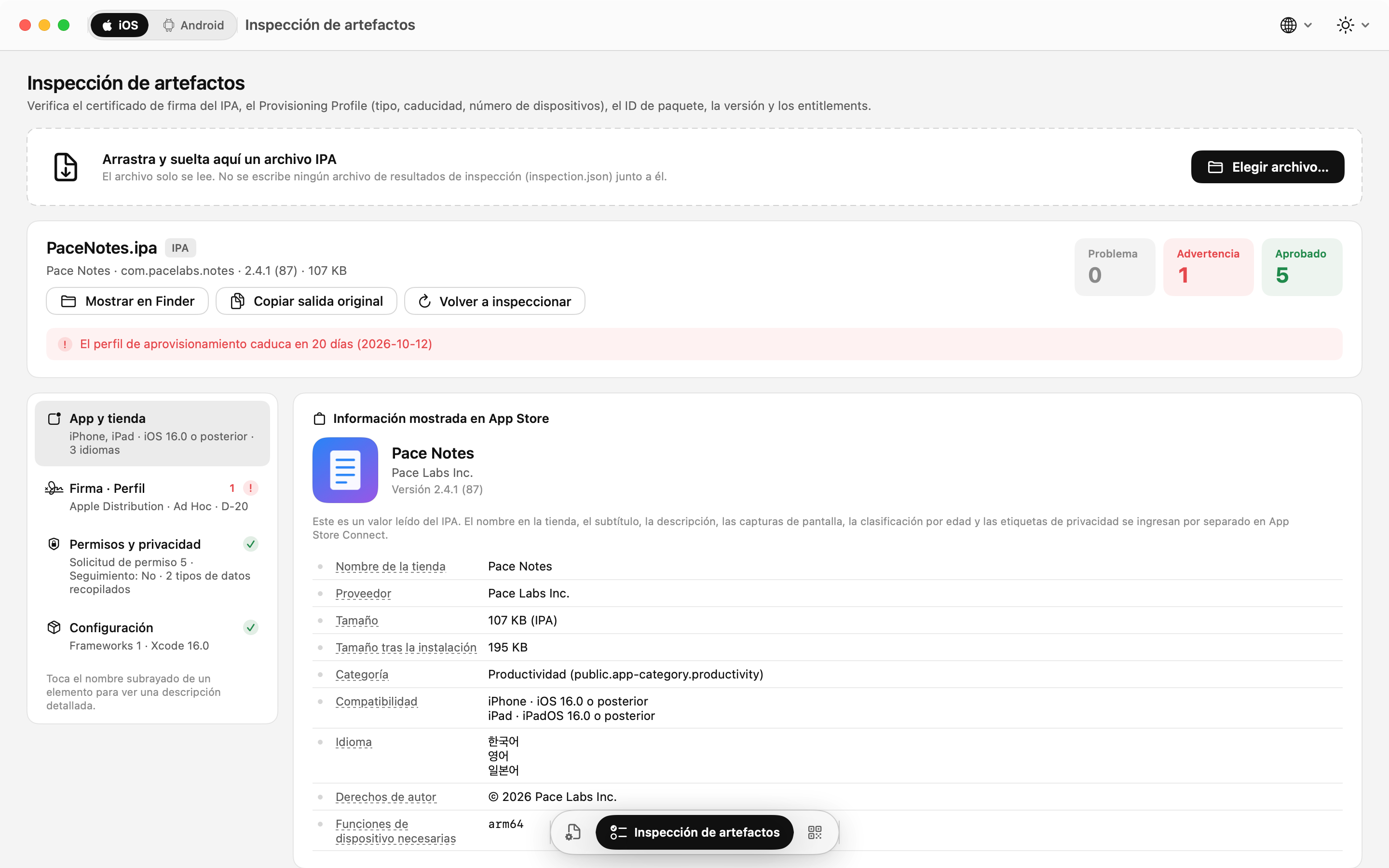 Inspección de IPA: información de la ficha de App Store