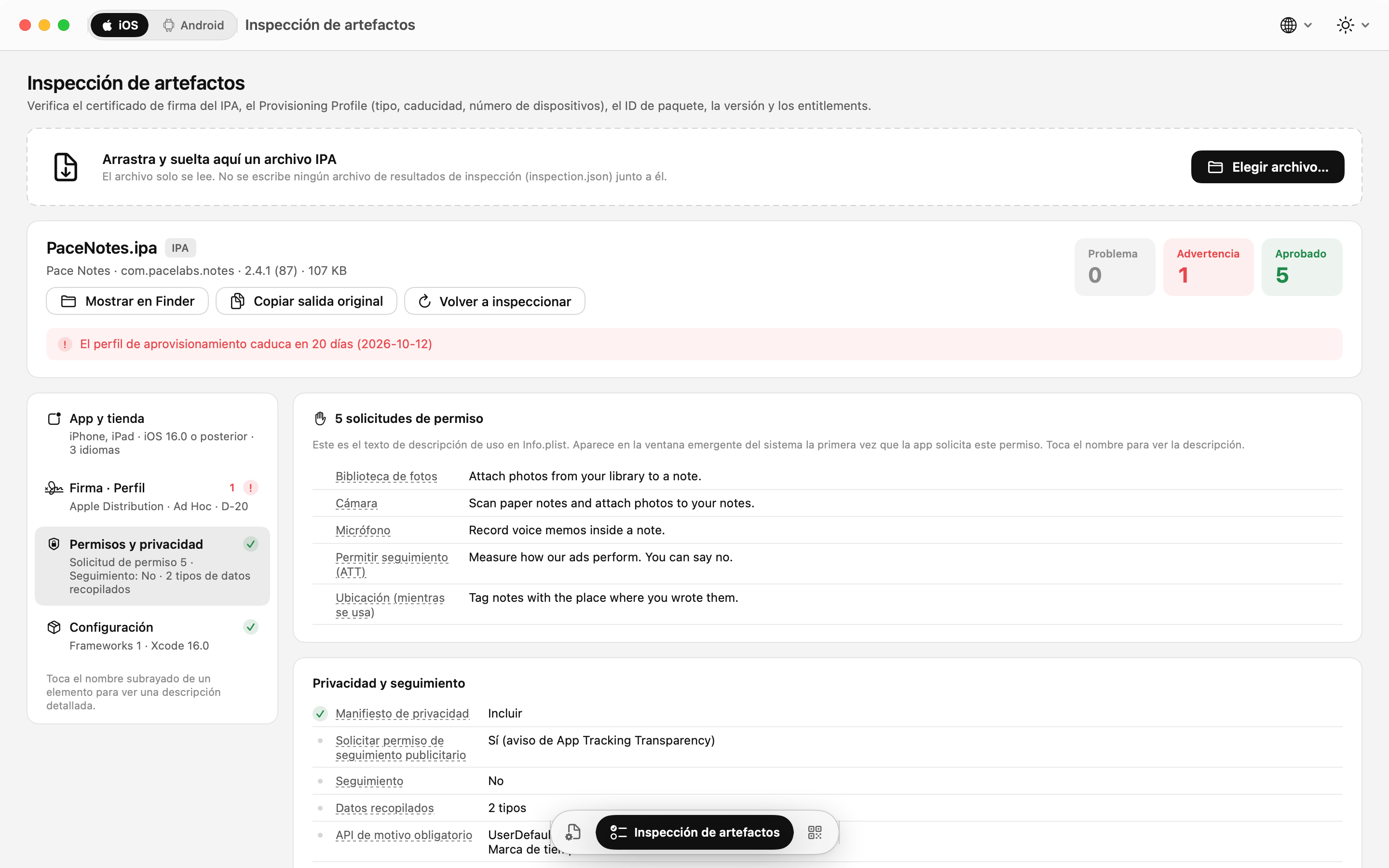 Inspección de IPA: descripciones de uso de permisos y privacidad