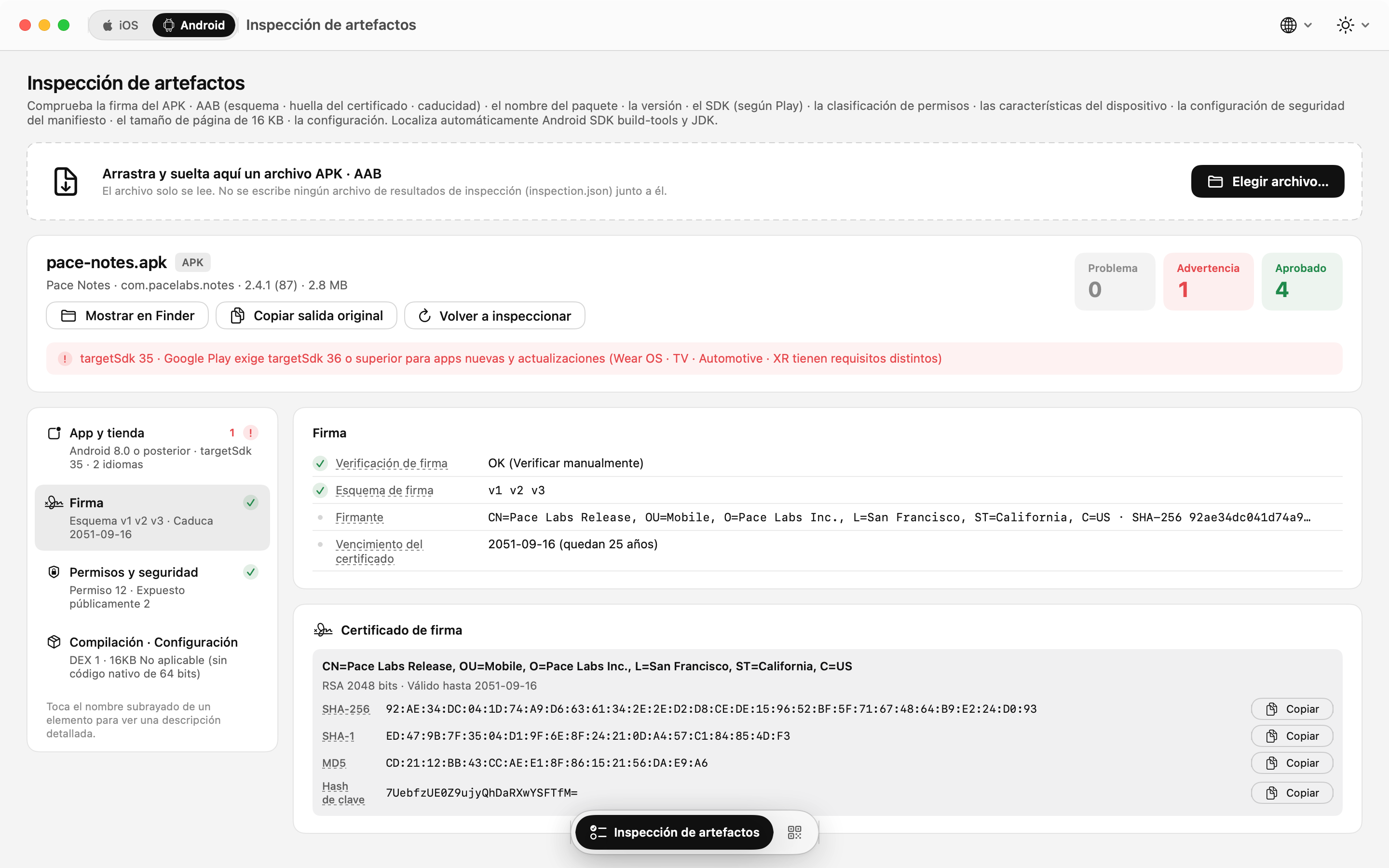 Inspección de APK y AAB: esquema de firma, huellas del certificado y hashes de clave