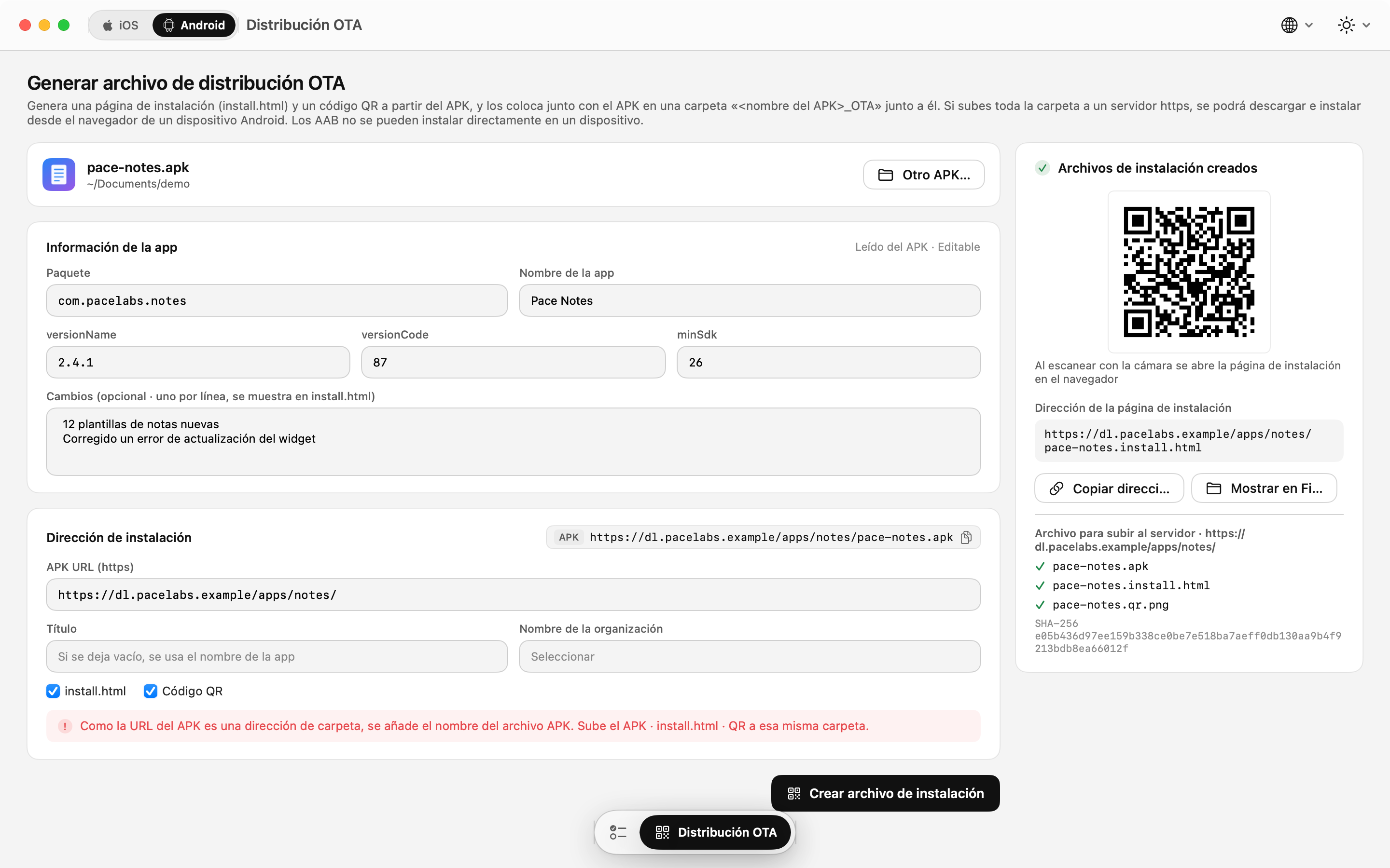 Generador de páginas de instalación OTA para Android